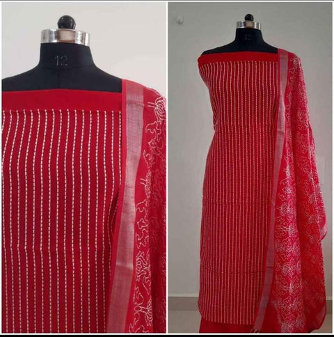 Red Color Cotton Viscose Silk Embroidered Dress Material - Trend In Need