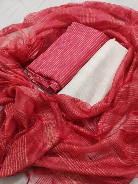 Red Color Gicha Viscose Dress Material with Organza Silk Dupatta - Trend In Need