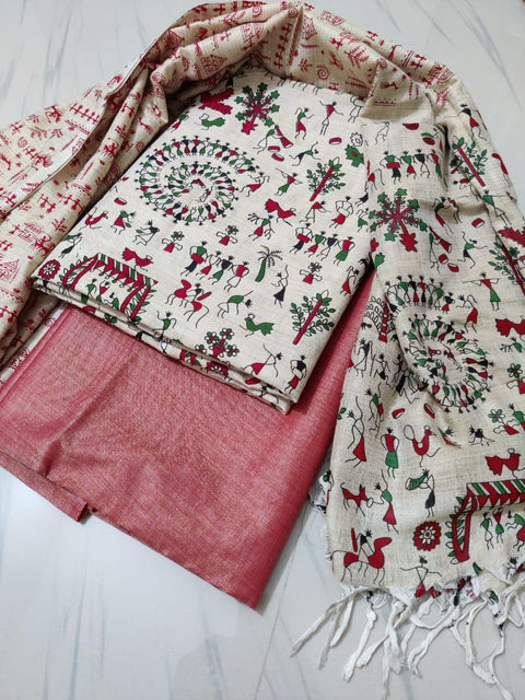 Red Color Handwoven Cotton Matka Silk Dress Material - Trend In Need