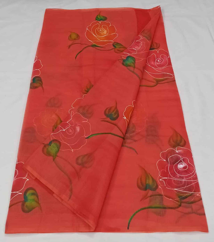 Brush Painted Kota Doria Cotton Mix Saree - Red Color