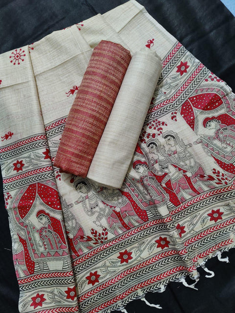Red Color Matka Handwoven Cotton silk Dress Material With Madhubani Print Dupatta - Trend In Need