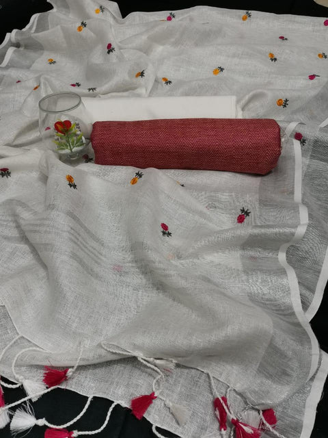 Red Color Matka Handwoven Cotton Silk Dress Material with Pure Linen Dupatta - Trend In Need