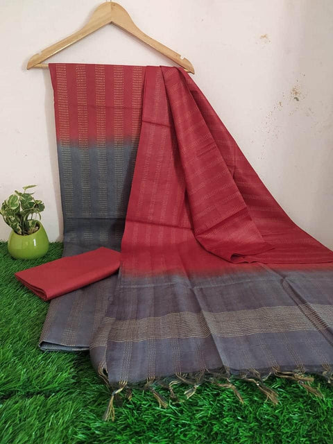 Red Grey Color Handwoven Cotton Silk Dress Material - Trend In Need