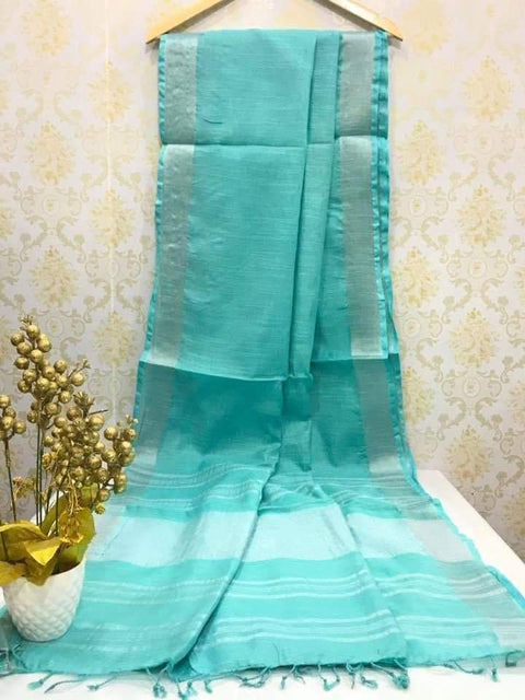 Sea Blue Color Plain Zari Woven Linen Cotton Saree - Trend In Need