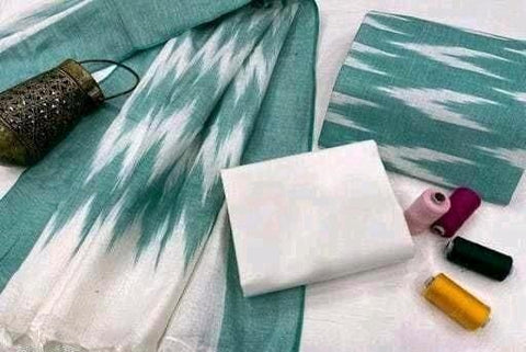 Sea Green Colour Pure Cotton Ikkat Dress Material - Trend In Need