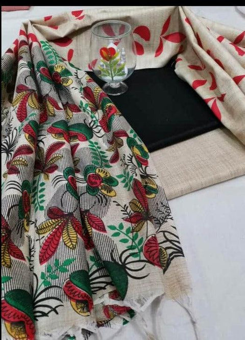 Semi Raw Silk Black Color Dress Material With Handwoven Cotton Silk Dupatta - Trend In Need