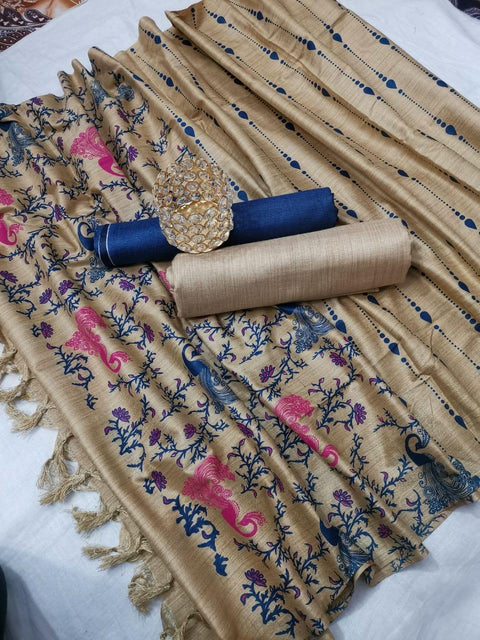 Semi Raw Silk Blue Color Dress Material With Handwoven Cotton Silk Dupatta - Trend In Need