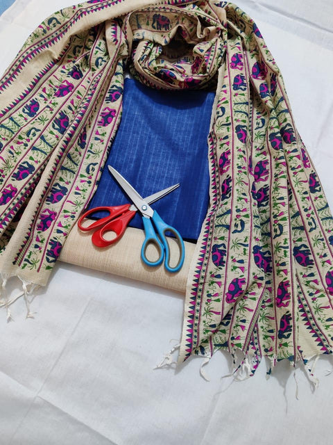 Semi Raw Silk Blue Color Dress Material With Handwoven Cotton Silk Dupatta - Trend In Need