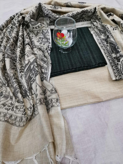 Semi Raw Silk Dress Material Black Color With Handwoven Cotton Silk Dupatta - Trend In Need