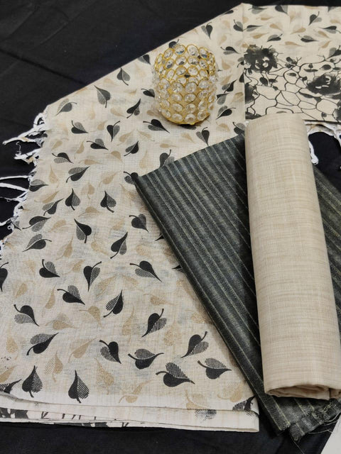 Semi Raw Silk Dress Material Black Color With Handwoven Cotton Silk Dupatta - Trend In Need