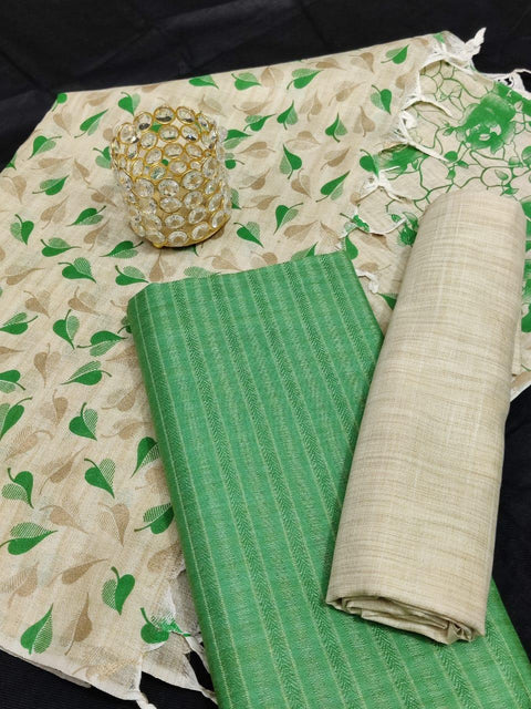 Semi Raw Silk Dress Material Green Color With Handwoven Cotton Silk Dupatta - Trend In Need