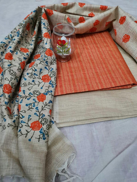 Semi Raw Silk Dress Material Orange Color With Handwoven Cotton Silk Dupatta - Trend In Need