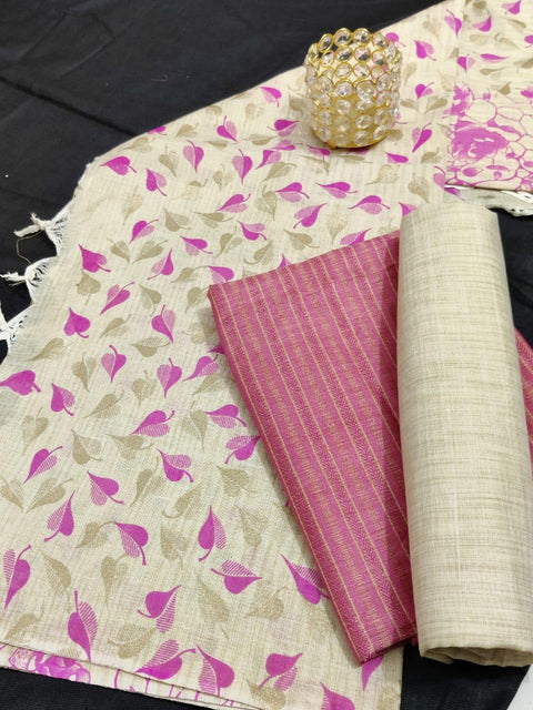 Semi Raw Silk Dress Material Pink Color With Handwoven Cotton Silk Dupatta - Trend In Need