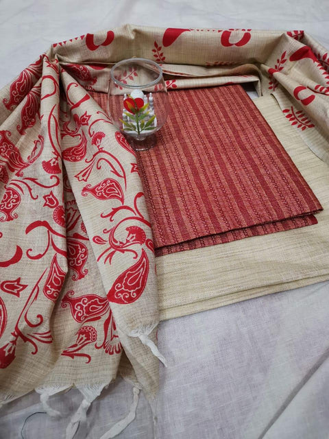 Semi Raw Silk Dress Material Red Color With Handwoven Cotton Silk Dupatta - Trend In Need