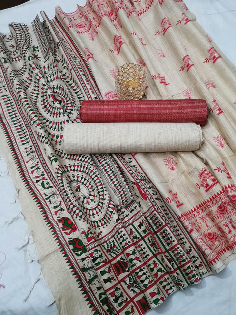 Semi Raw Silk Dress Material Red Color With Handwoven Cotton Silk Dupatta - Trend In Need