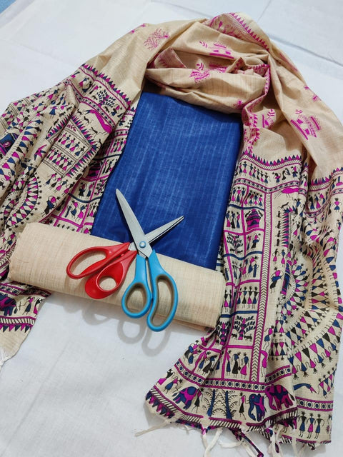 Semi Raw Silk Dress Material With Handwoven Blue Color Cotton Silk Dupatta - Trend In Need