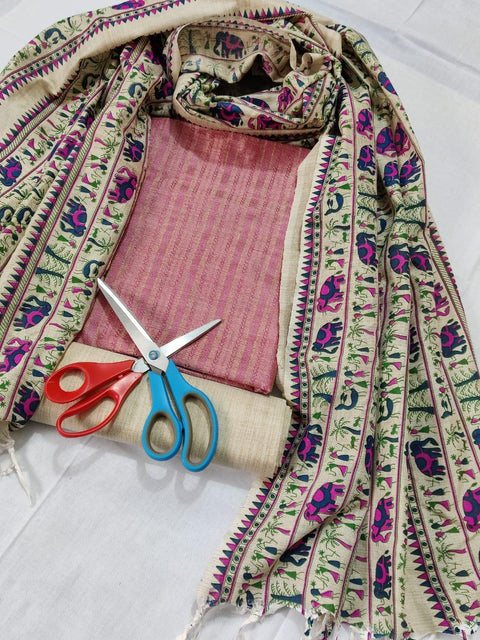 Semi Raw Silk Dress Material With Handwoven Cotton Silk Dupatta Pink Color - Trend In Need