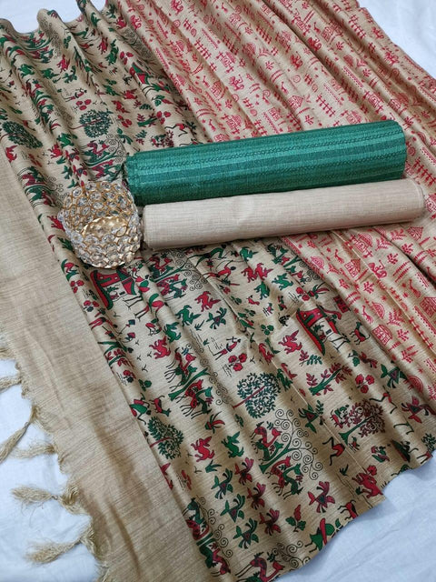 Semi Raw Silk Green Color Dress Material With Handwoven Cotton Silk Dupatta - Trend In Need