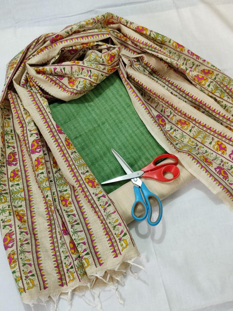 Semi Raw Silk Green Color Dress Material With Handwoven Cotton Silk Dupatta - Trend In Need