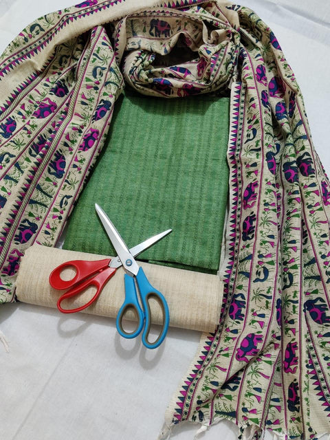 Semi Raw Silk Green Color Dress Material With Handwoven Cotton Silk Dupatta - Trend In Need