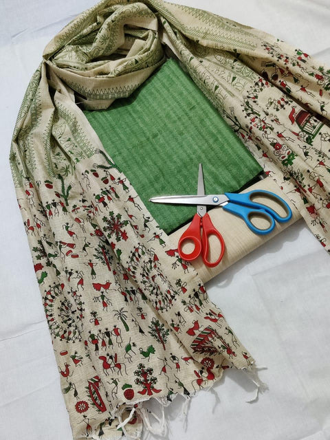 Semi Raw Silk Green Color Dress Material With Handwoven Cotton Silk Dupatta - Trend In Need