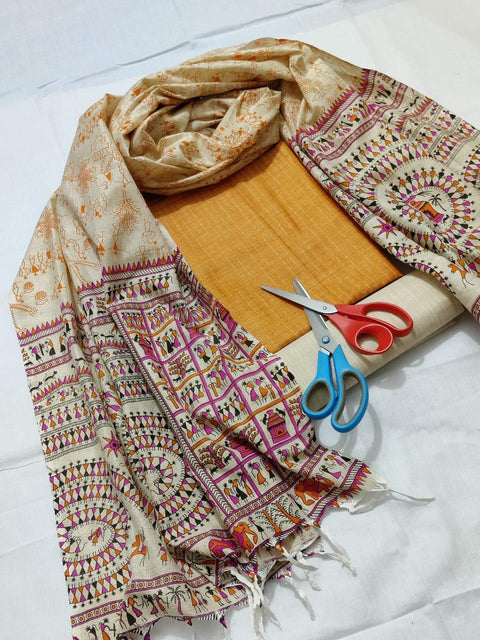 Semi Raw Silk Mustard Color Dress Material With Handwoven Cotton Silk Dupatta - Trend In Need