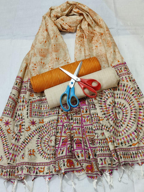 Semi Raw Silk Orange Color Dress Material With handwoven cotton silk Dupatta - Trend In Need