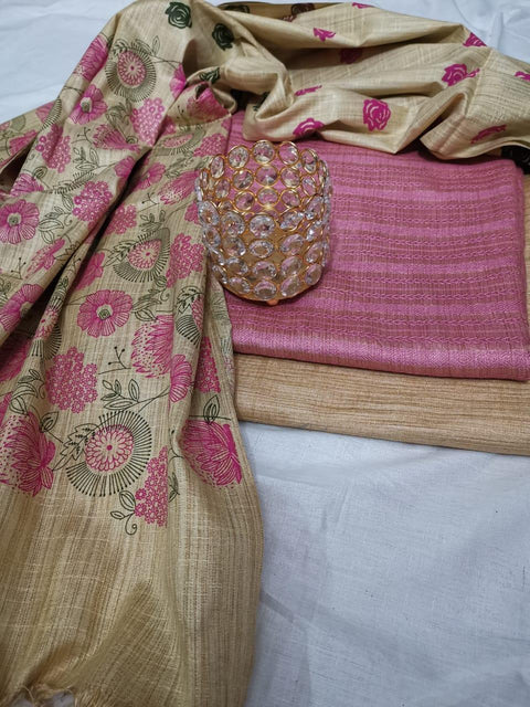 Pink Semi Raw Silk Dress Material with Silk Dupatta