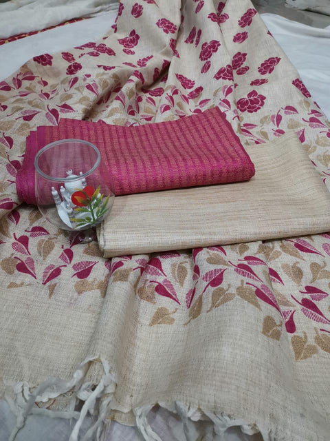 Semi Raw Silk Pink Color Dress Material With Handwoven Cotton Silk Dupatta - Trend In Need