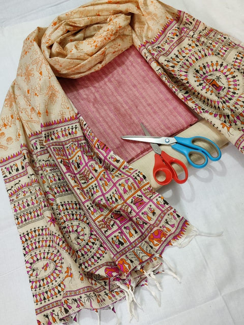Semi Raw Silk Pink Color Dress Material With Handwoven Cotton Silk Dupatta - Trend In Need