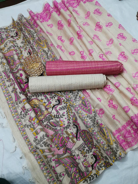 Semi Raw Silk Pink Color Dress Material With Handwoven Cotton Silk Dupatta - Trend In Need