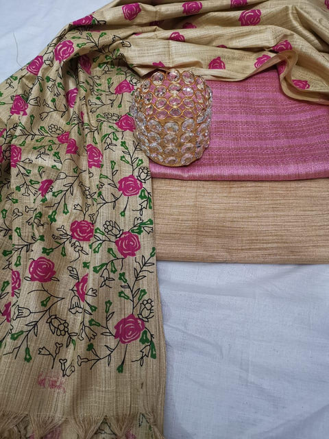 Semi Raw Silk Pink Color Dress Material With Handwoven Cotton Silk Dupatta - Trend In Need