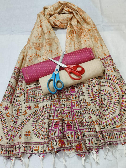 Semi Raw Silk Pink Color Dress Material With handwoven cotton silk Dupatta - Trend In Need