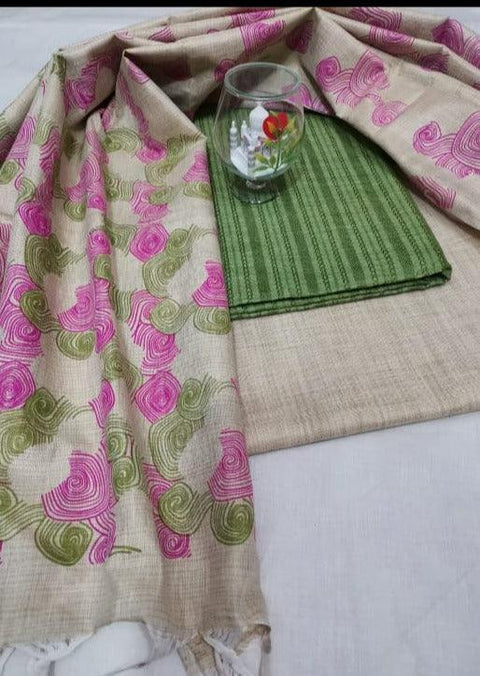 Semi Raw Silk Rama Green Color Dress Material With Handwoven Cotton Silk Dupatta - Trend In Need