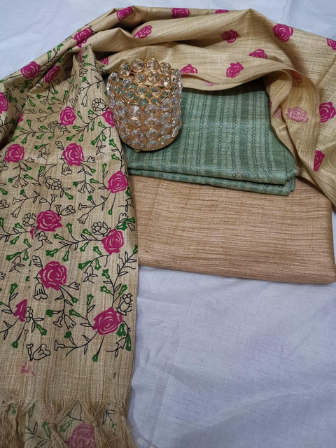 Semi Raw Silk Rama Green Color Dress Material With Handwoven Cotton Silk Dupatta - Trend In Need