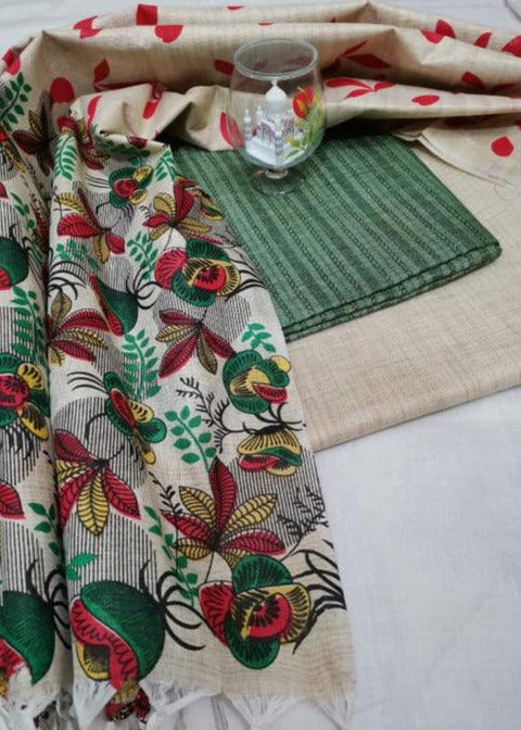 Semi Raw Silk Rama Green Color Dress Material With Handwoven Cotton Silk Dupatta - Trend In Need