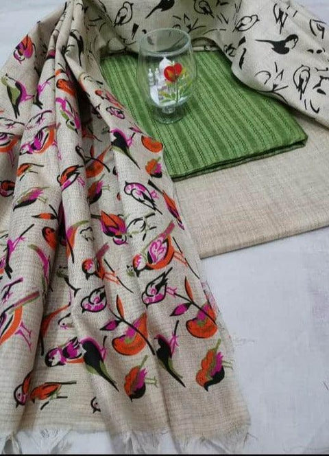 Semi Raw Silk Rama Green Color Dress Material With Handwoven Cotton Silk Dupatta - Trend In Need