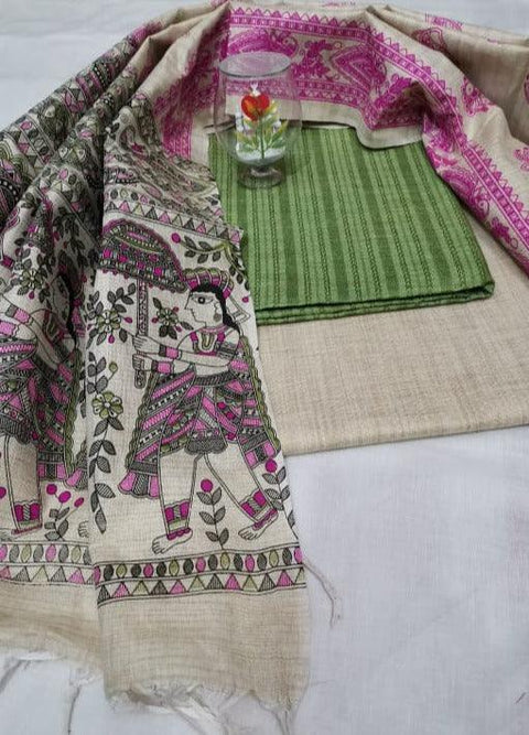 Semi Raw Silk Rama Green Color Dress Material With Handwoven Cotton Silk Dupatta - Trend In Need