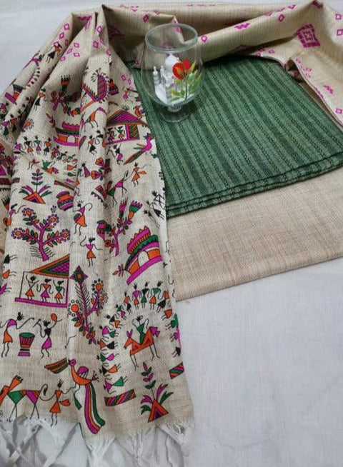 Semi Raw Silk Rama Green Color Dress Material With Handwoven Cotton Silk Dupatta - Trend In Need