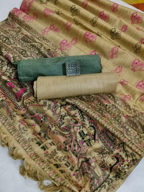 Semi Raw Silk Rama Green Color Dress Material With Handwoven Cotton Silk Dupatta - Trend In Need