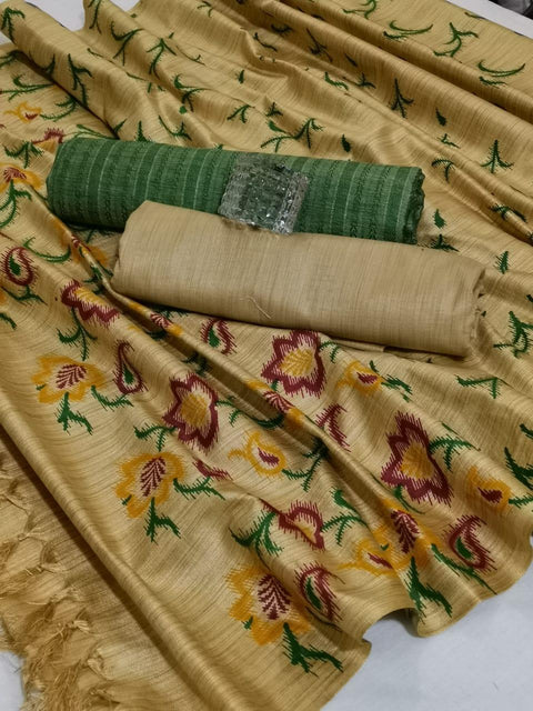Semi Raw Silk Rama Green Color Dress Material With Handwoven Cotton Silk Dupatta - Trend In Need