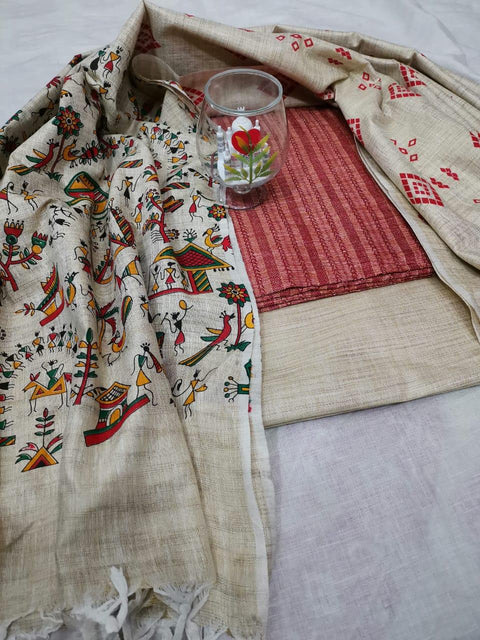 Semi Raw Silk Red Color Dress Material With Handwoven Cotton Silk Dupatta - Trend In Need