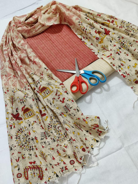Semi Raw Silk Red Color Dress Material With Handwoven Cotton Silk Dupatta - Trend In Need