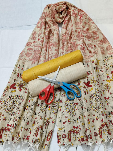 Semi Raw Silk Yellow Color Dress Material With handwoven cotton silk Dupatta - Trend In Need