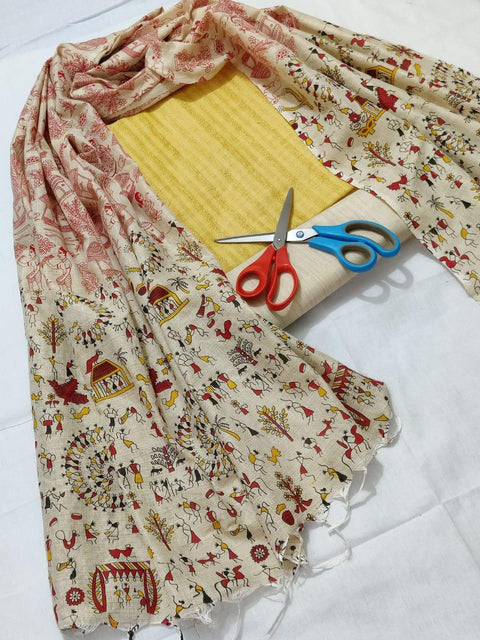 Semi Raw Silk Yellow Color Dress Material With Handwoven Cotton Silk Dupatta - Trend In Need