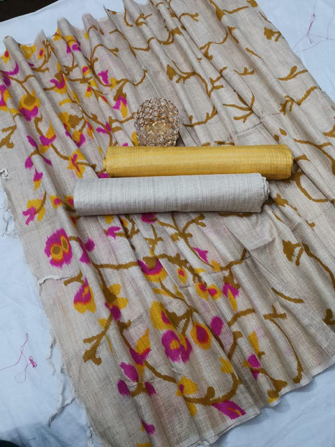 Semi Raw Silk Yellow Color Dress Material With Handwoven Cotton Silk Dupatta - Trend In Need