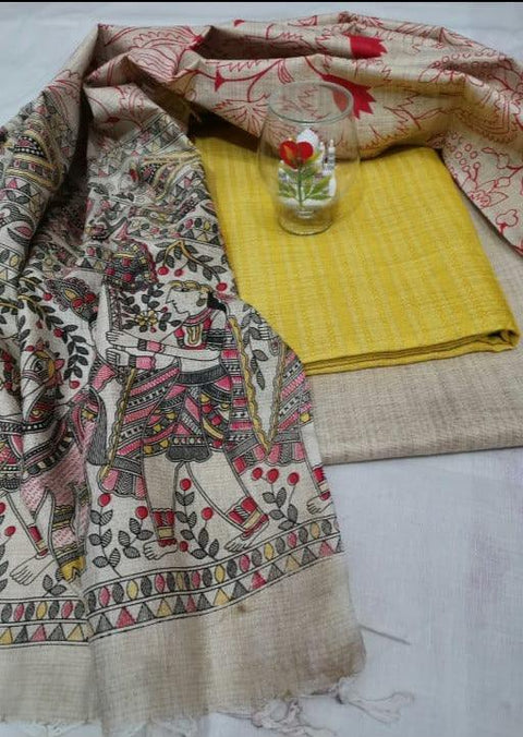 Semi Raw Silk Yellow Color Dress Material With Handwoven Cotton Silk Dupatta - Trend In Need