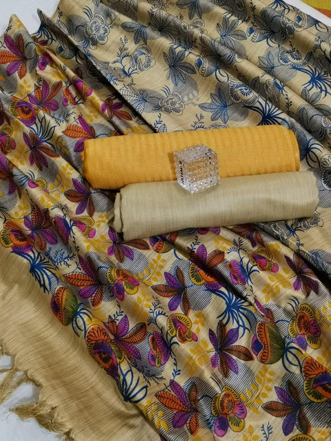 Semi Raw Silk Yellow Color Dress Material With Handwoven Cotton Silk Dupatta - Trend In Need