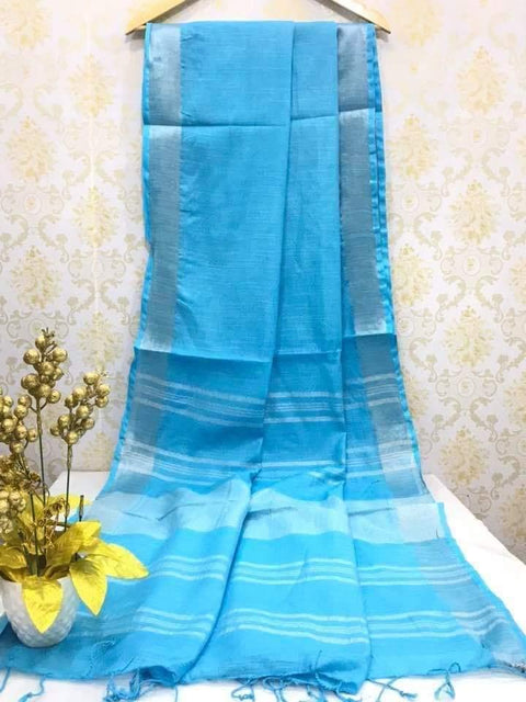Sky Blue Color Plain Zari Woven Linen Cotton Mix Saree - Trend In Need