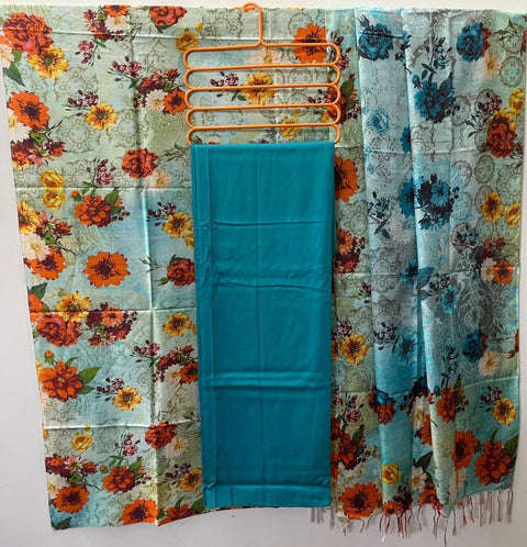 Tussar Cotton Silk Blue Color Dress Material With Linen Dupatta - Trend In Need